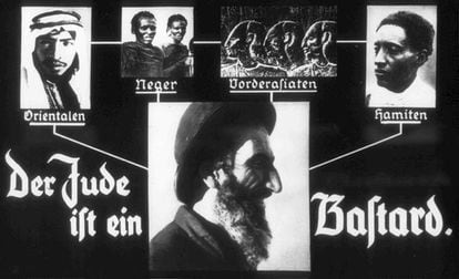 A photogram bearing the words “The Jew is a bastard,” with lines connecting the image of ‘the Jew’ to other ‘races’ that the Nazis considered inferior, such as ‘Orientals,’ ‘Blacks,’ and ‘Hamites.’