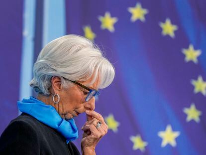 President of European Central Bank Christine Lagarde speaks during a press conference following the meeting of the governing council in Frankfurt, Thursday, Oct. 28, 2021.