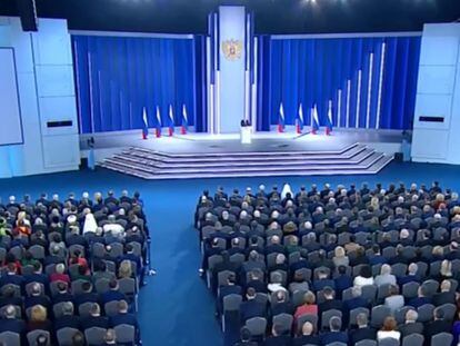 Vladimir Putin delivers his state of the nation address on Tuesday.