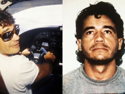On the left, Carlos Lehder is seen flying an aircraft. On the right, he is pictured in the United States, following his extradition from Colombia.