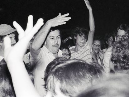 Pablo Escobar at the inauguration of floodlights at a soccer pitch in Medellín in 1983.