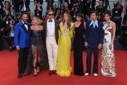 The 'Don't Worry Darling' team at the Venice Film Festival. From right Gemma Chan, Harry Styles, Sydney Chandler, director Olivia Wilde, Chris Pine, Florence Pugh and Nick Kroll.