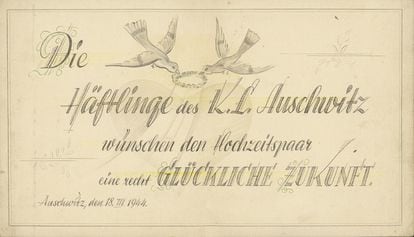A congratulatory card from Friemel’s friends at Auschwitz, March 18, 1944. Estate of Rudolf Friemel.