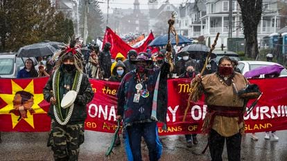Demonstrators during the 50th anniversary of the National Day of Mourning, this week in Plymouth.