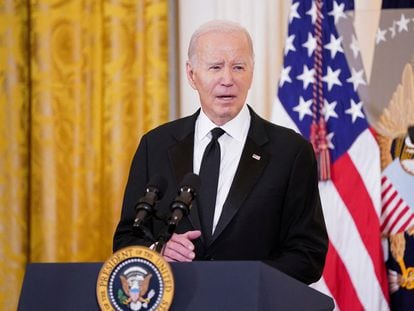 U.S. President Joe Biden speaks during a reception at the White House ahead of the 46th Kennedy Center Honors gala, in Washington, U.S. December 3, 2023.
