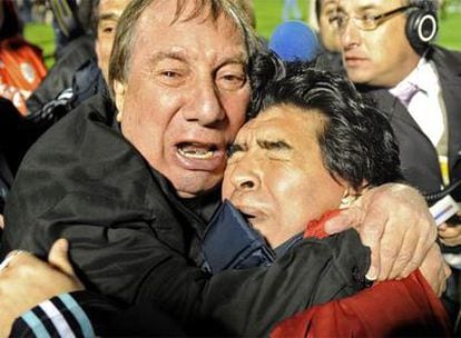 Bilardo and Maradona embracing after the qualifiication match against Uruguay that enabled Argentina's national team to participate in the South Africa World Cup.