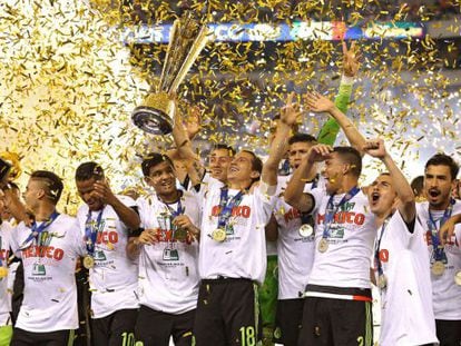 Mexico's national team members celebrate their Sunday night victory in Philadelphia.