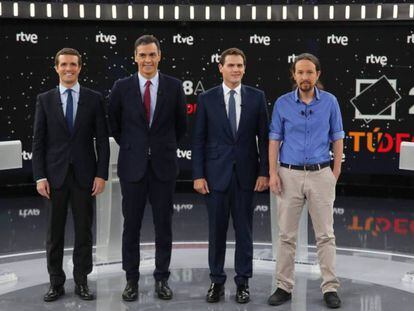 From left to right: Pablo Casado (PP), Pedro Sánchez (PSOE), Albert Rivera (Ciudadanos) and Pablo Iglesias (Unidas Podemos) at a pre-election debate in April.