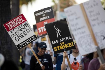 Screenwriters and actors at a picket line outside Netflix headquarters in L.A.