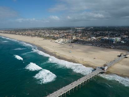 This aerial photo shows the pier and shoreline in Huntington Beach, California in October 2011.