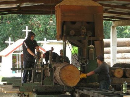 Men working in a sawmill in Agua Bendita.