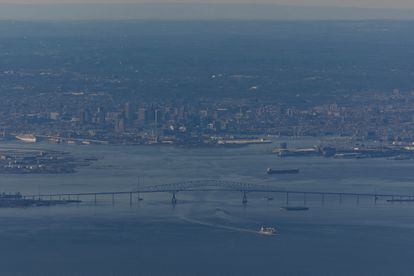 Aerial view of the Francis Scott Key Bridge on March 24, two days before it collapsed.