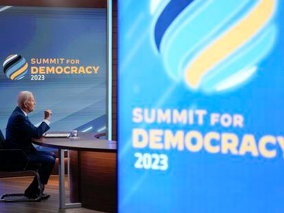President Joe Biden speaks during a Summit for Democracy virtual plenary in the South Court Auditorium on the White House campus, on March 29, 2023, in Washington.