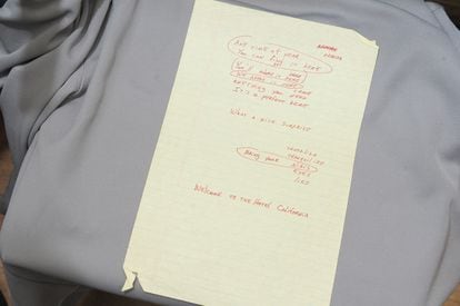 The lyrics and handwritten notes of "Hotel California" by musician Don Henley of the Eagles in a store in New York City.