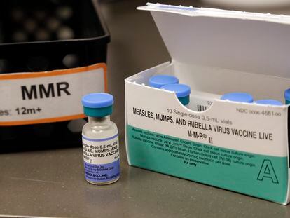 A dose of the measles, mumps and rubella vaccine is displayed at the Neighborcare Health clinics at Vashon Island High School in Vashon Island, Washington, May 15, 2019.
