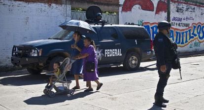 Soliders patrol the streets of Aguililla, Michoacán on July 25.