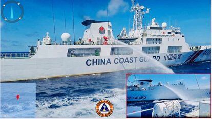 China Coast Guard allegedly uses a water cannon against the Philippine Coast Guard vessels, which were escorting a resupply mission for the Philippine troops stationed at the Second Thomas Shoal in the South China Sea on August 5, 2023, in this handout photo released on August 6, 2023.