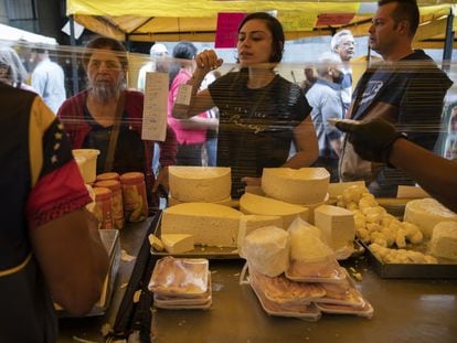 Stall selling cheese in a market in Los Palos Grandes, in Caracas.