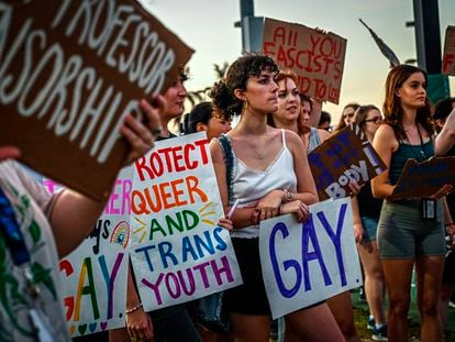 LGBTQI rights supporters at a protest against Florida Governor Ron DeSantis in November 2022.