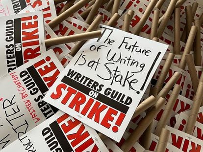 Some of the banners prepared by Writers Guild of America members for the writers' strike starting this Tuesday.