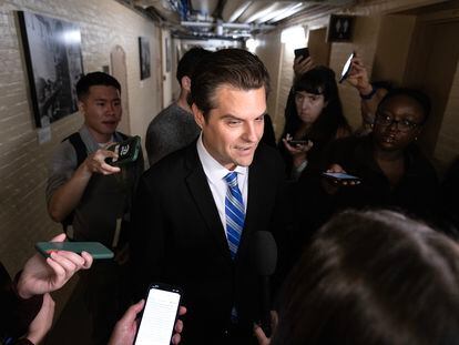 Republican Representative of Florida, Matt Gaetz, speaks to members of the news media following a meeting of the House Republican Conference on Capitol Hill in Washington, on Sept. 30, 2023.
