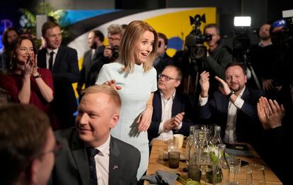 Prime Minister Kaja Kallas reacts to announcement of preliminary results of election in Tallinn, Estonia, on Sunday, March 5, 2023.