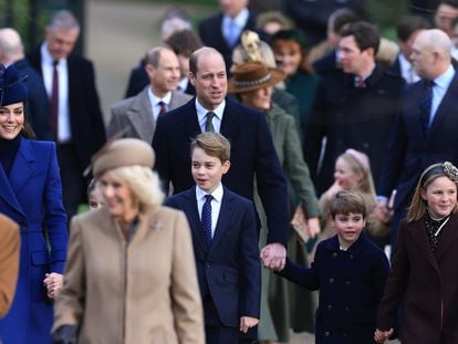 King Charles and Queen consort Camilla, followed by the Princess and Prince of Wales and two of their children, on December 25, 2023 for the traditional Christmas Day thanksgiving service at Sandringham.