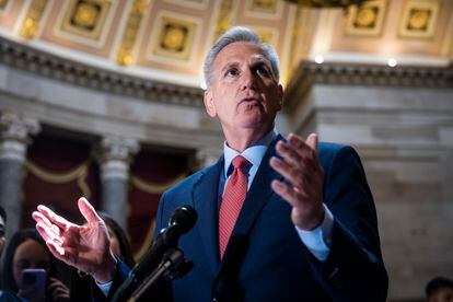 Republican Speaker of the House Kevin McCarthy speaks to reporters about negotiations with the White House over the debt limit in the US Capitol in Washington, DC, USA, 24 May 2023.