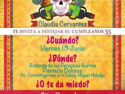 Invitation card for party to be held in Rotonda de las Personas Ilustres in Mexico City.