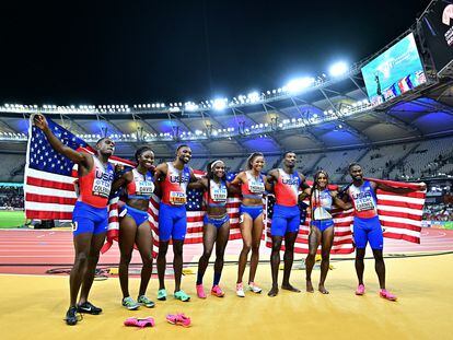 Men and women's 4x100m relay gold medalists Tamari Davis, Twanisha Terry, Gabrielle Thomas, Sha'carri Richardson, Christian Coleman, Fred Kerley, Brandon Carnes and Noah Lyles of the U.S. celebrate after the finals.