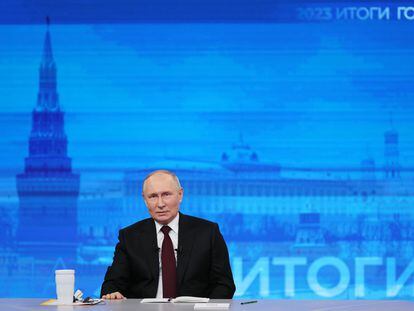 Russian President Vladimir Putin during his annual live broadcast press conference with Russian and foreign media at the Gostiny Dvor forum hall in Moscow, Russia, December 14 2023.