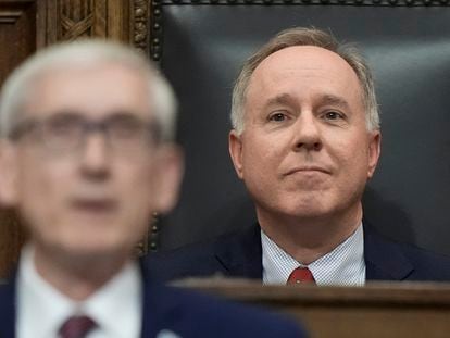 Speaker of the Wisconsin Assembly Robin Vos watches as Governor Tony Evers speaks during the State of the State address, on January 24, 2023, in Madison.