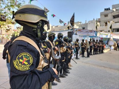 Members of the Al Quds,Brigades, the armed wing of Islamic Jihad, at a tribute to a leader killed by Israel in Gaza City.