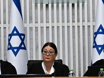 President of the Supreme Court Esther Hayut (C) attends a session with all fifteen justices to hear petitions against the reasonableness standard law in the High Court in Jerusalem, 12 September 2023.