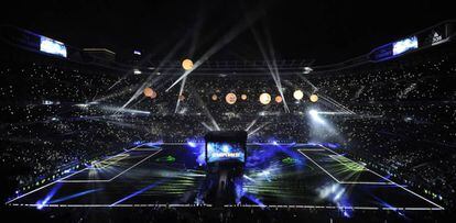 Real Madrid's stadium celebrating the Champions League win.