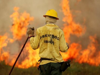 A Brazilian firefighter tackling a fire on the Tenharim Marmelos indigenous land, Brazil, last September.