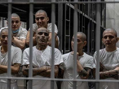 Six inmates inside a cell at the Terrorism Confinement Center, in the municipality of Tecoluca, El Salvador, on Tuesday night.