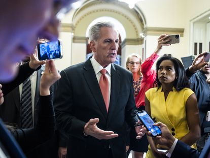 Republican Speaker of the House Kevin McCarthy speaks to reporters about negotiations with the White House over the debt limit in Washington, on May 15, 2023.