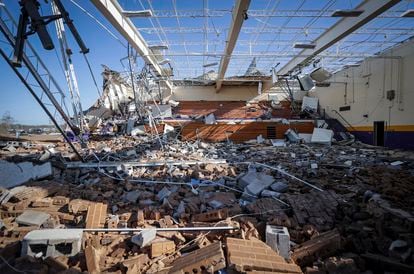 The gym of Crestview Elementary School was damaged by a tornado the day before in Covington, Tennessee, on Saturday, April 1, 2023.