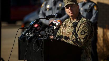 Brig. Gen. John Lubas address the press regarding the Black Hawk helicopter crash that occurred on March 30, 2023, outside of Fort Campbell in Christian County, Kentucky.