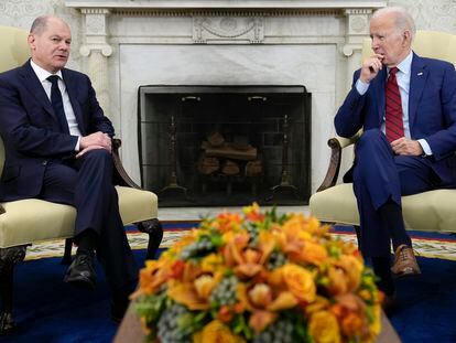 President Joe Biden listens as German Chancellor Olaf Scholz speaks during a meeting in the Oval Office of the White House in Washington, on Friday, March 3, 2023.