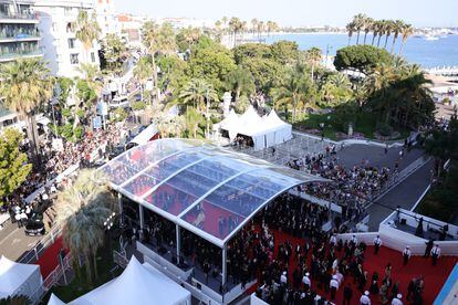 Aerial view of the red carpet at the Cannes Film Festival.
