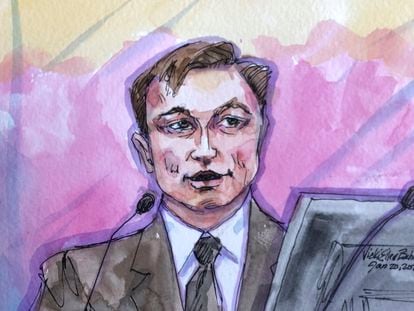 In this courtroom sketch, Elon Musk appears in federal court in San Francisco, Friday, Jan. 20, 2023.