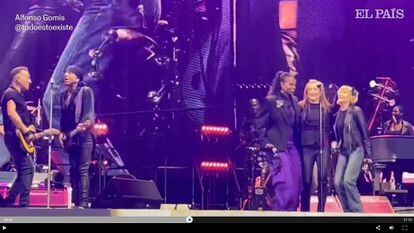 Michelle Obama, Patti Scialfa and Kate Capshaw on stage with Bruce Springsteen on Friday night.