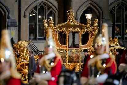 The Gold State Coach during the coronation rehearsals held on May 3, 2023 in London.