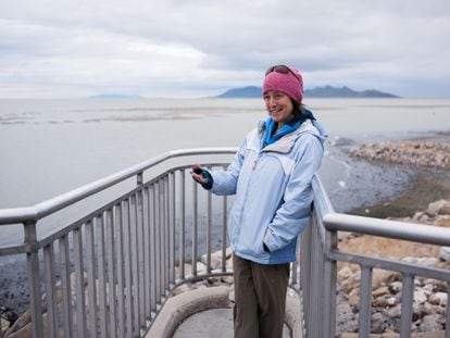 Biologist Bonnie Baxter, director of the Great Salt Lake Institute, with the Great Salt Lake in the background.