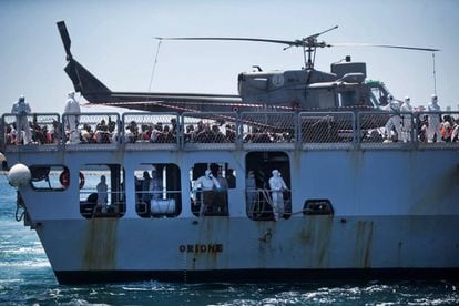The Italian Navy ship ‘Orione’ arrives at the port of Valencia carrying some of the Aquarius migrants on board.