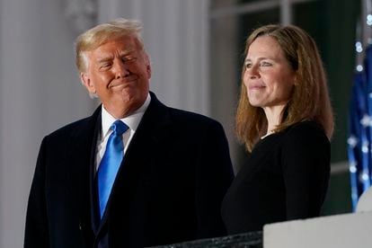 Donald Trump and Supreme Court Justice Amy Coney Barrett on the day of her swearing-in, a week before the election won by President Joe Biden.