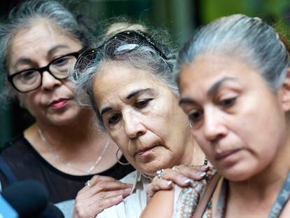 Rudy Farias' aunts, from left, Sylvia Sanchez Lopez, Pauline Sanchez and Michelle Sanchez speak outside Houston Police headquarters after HPD Chief Troy Finner gave an update on the Farias case, Thursday, July 6, 2023 in Houston.