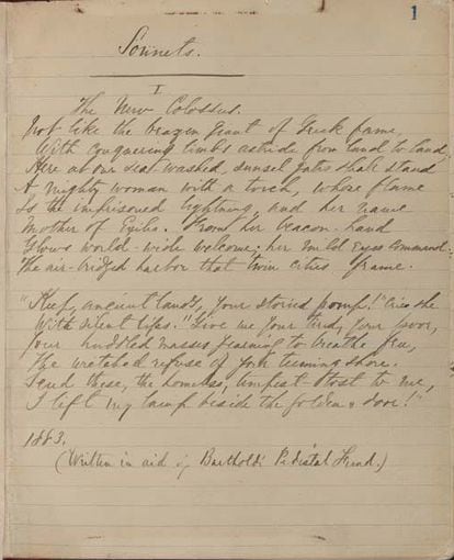 The original 1883 manuscript of “The New Colossus” by Emma Lazarus. 